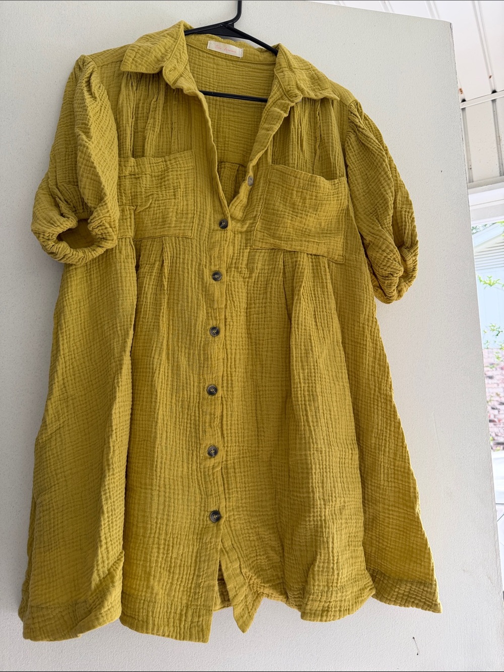 Button-Front Gauze Shirt Dress in Mustard Yellow